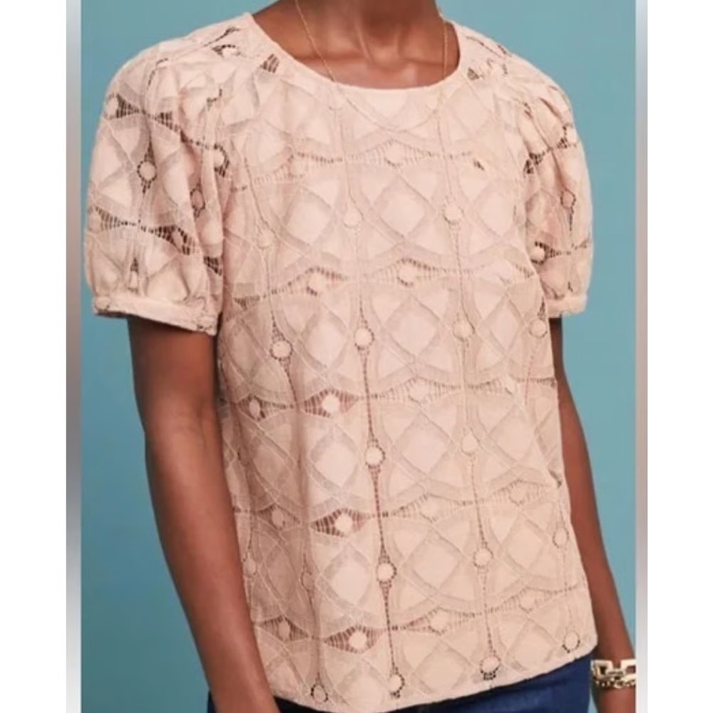 Maeve Anthropologie Textured Lace Blouse in dusty nude pink color, size L